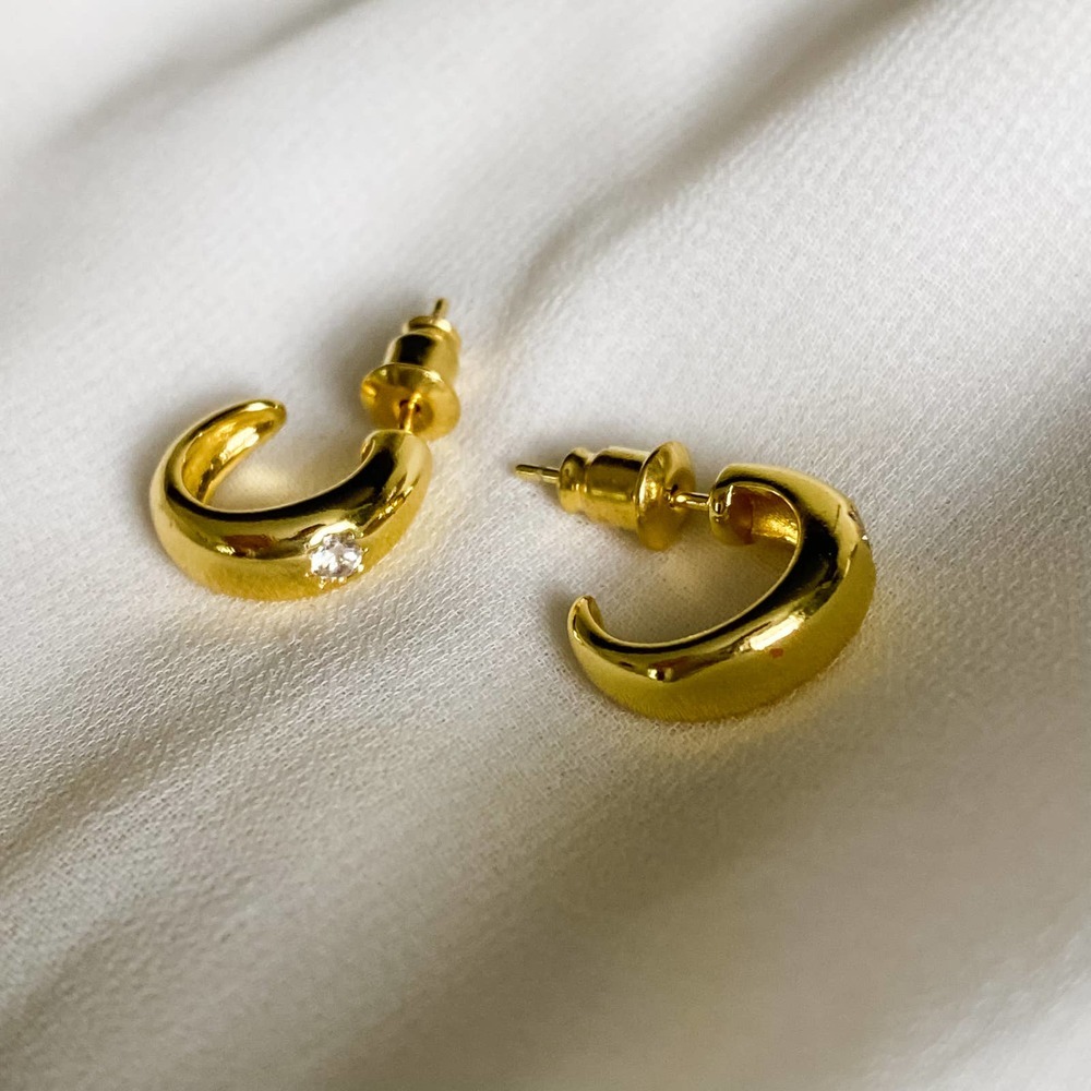 Gold S925 Single Diamond Huggie Hoop Earrings